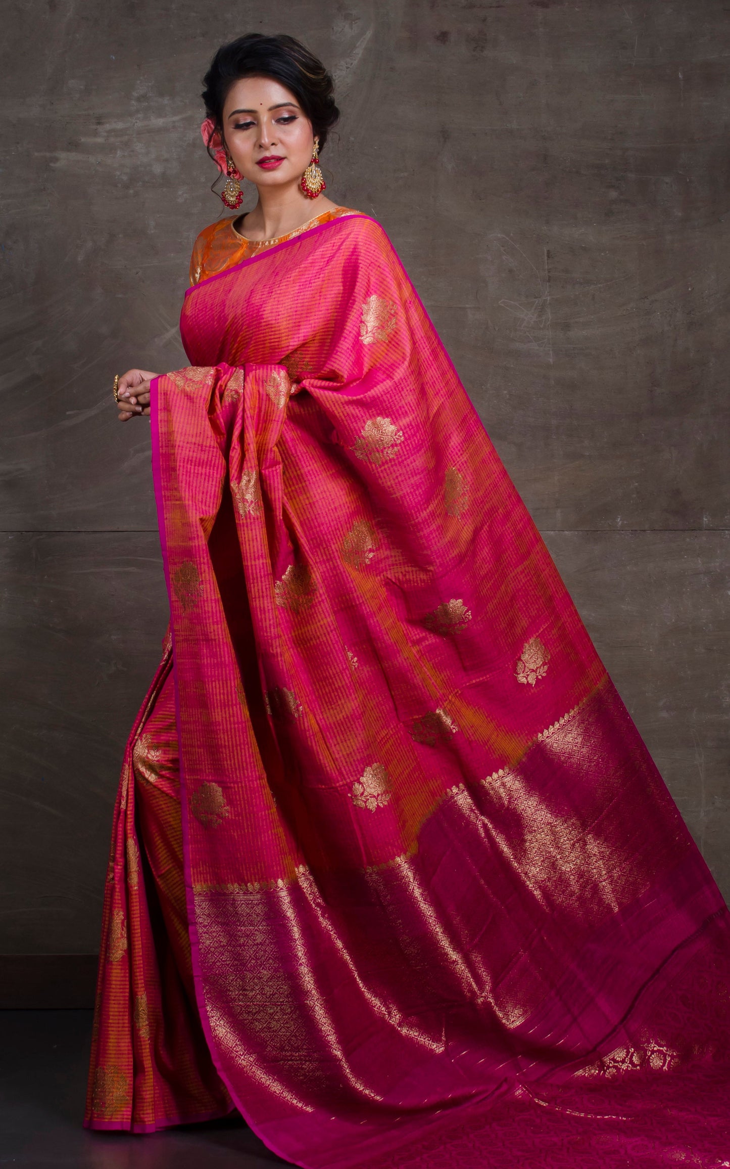 Tussar Banarasi Designer Poth Saree in Magenta and Antique Gold