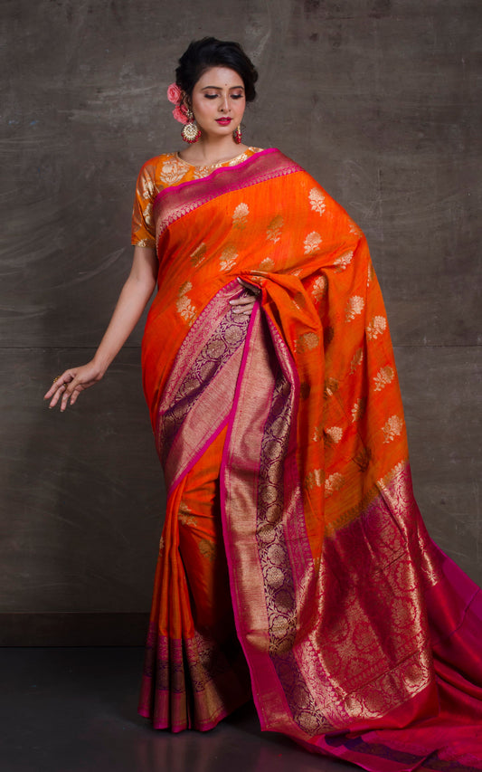 Meenakari Border Dupion Tussar Banarasi Saree in Orange and Hot Pink