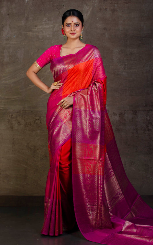 Designer Tussar Banarasi Fire Orange and Magenta