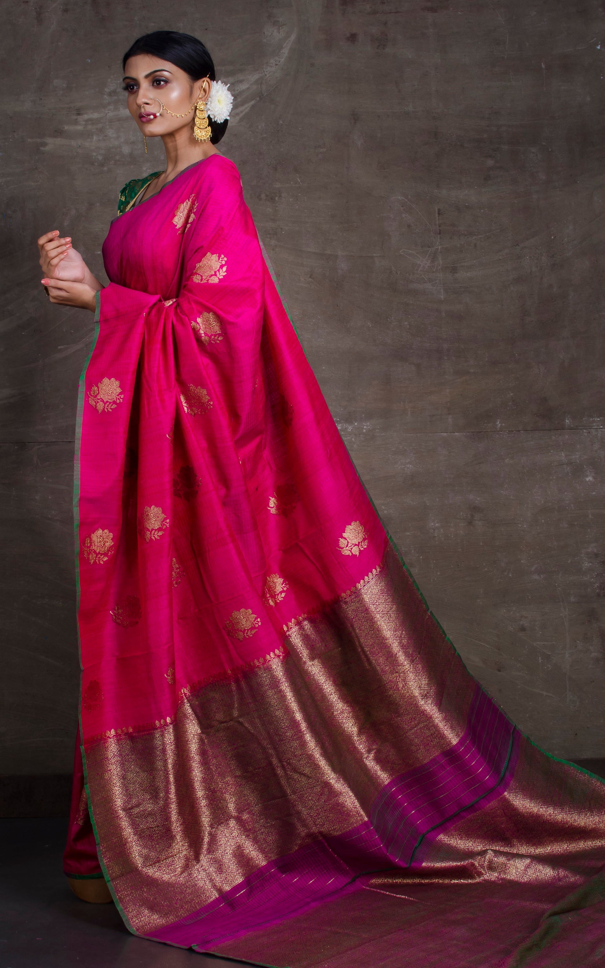 Tussar Banarasi Designer Poth Saree in Hot Pink and Basil Green