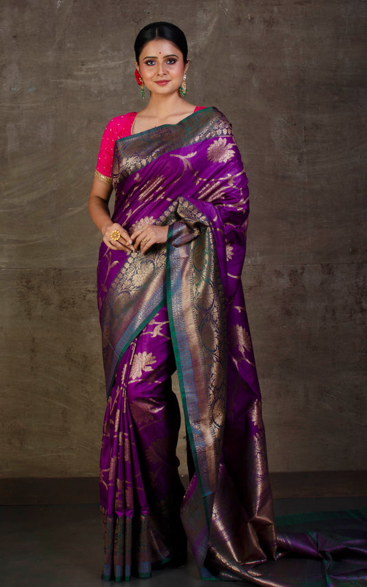 Premium Quality Tussar Silk Brocade Jamdani Saree in Purple, Antique Gold and Fern Green