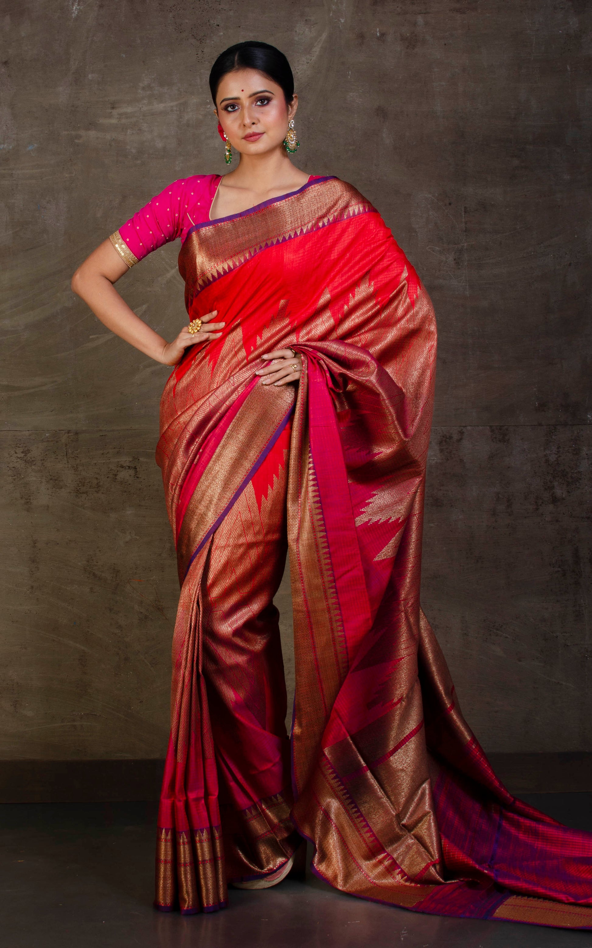 Designer Tussar Banarasi Red Orange, Rani and Antique Gold with Dark Blue Selvage