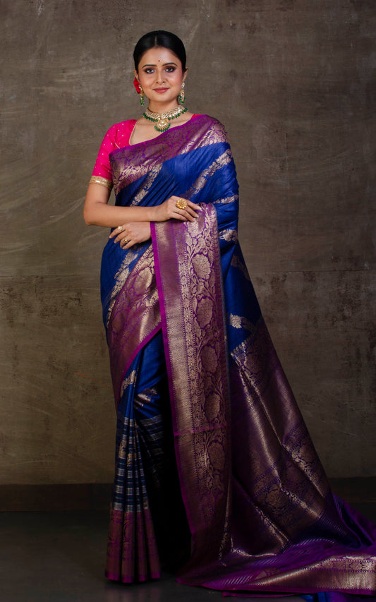 Handwoven Aara Jamdani Work Tussar Banarasi Saree in Deep Blue, Silver Grey and Purple