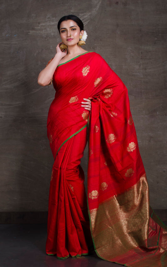 Tussar Banarasi Designer Poth Saree in Red and Green