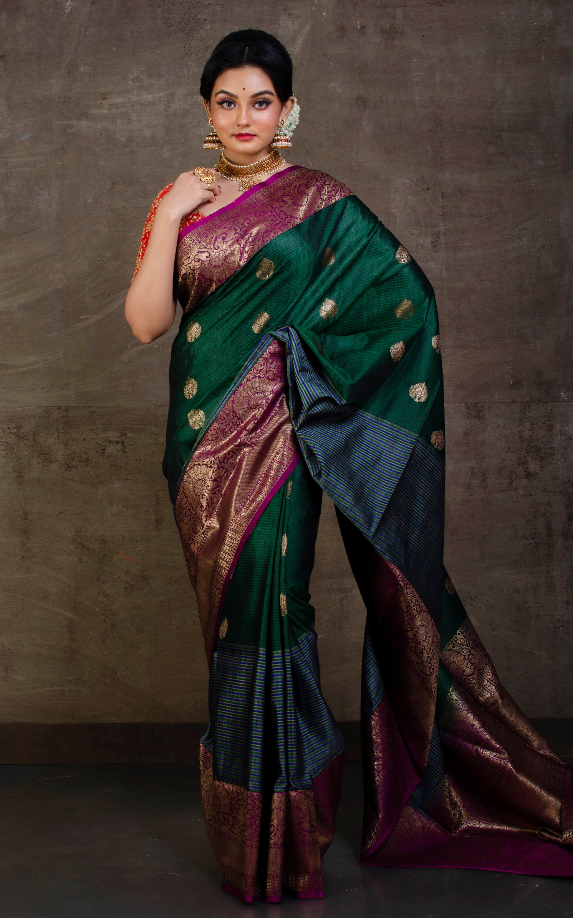 Designer Nakshi Skirt Border Tussar Banarasi Saree in Sacramento Green, Royal Blue and Cotton Dark Purple