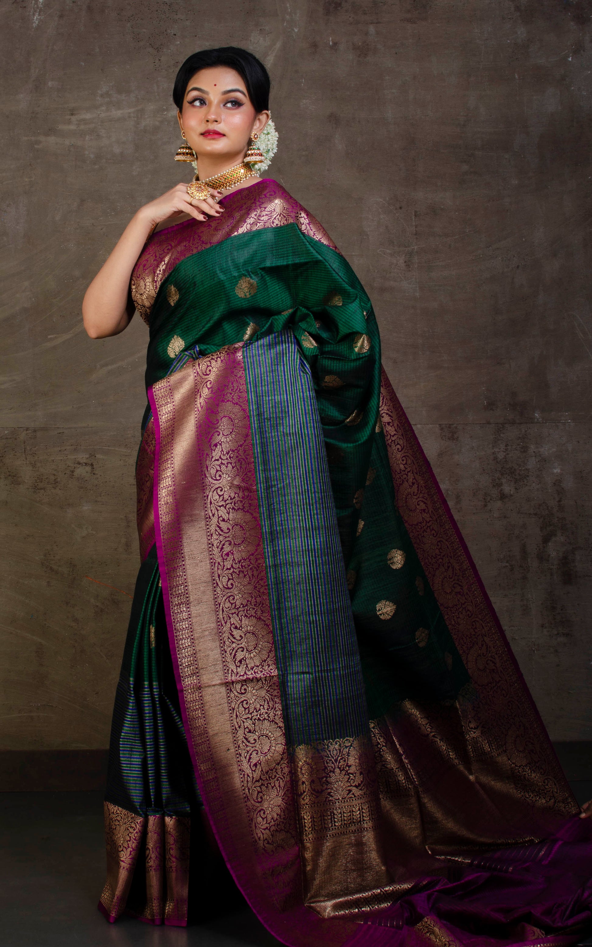 Designer Nakshi Skirt Border Tussar Banarasi Saree in Sacramento Green, Royal Blue and Cotton Dark Purple