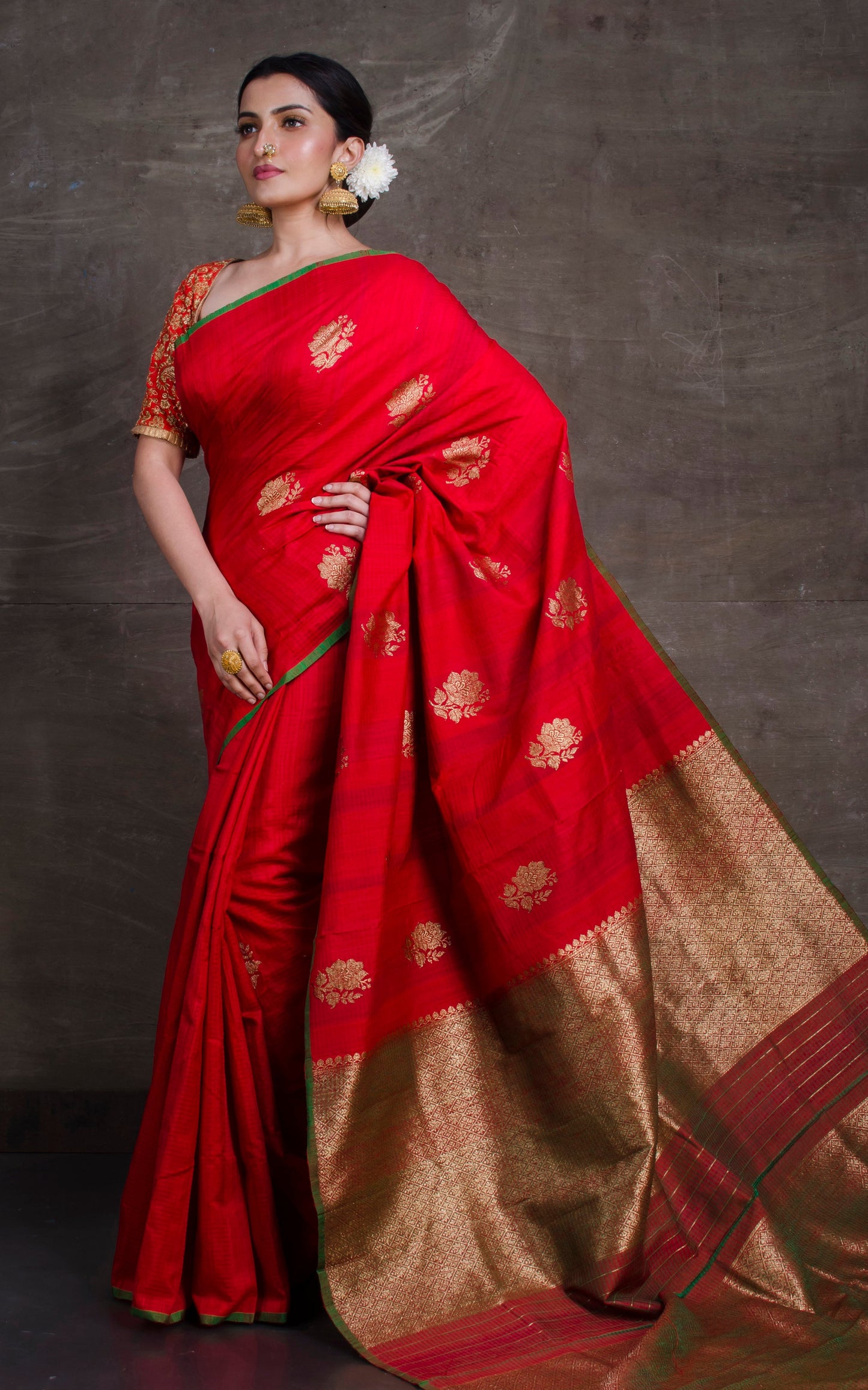 Tussar Banarasi Designer Poth Saree in Red and Green