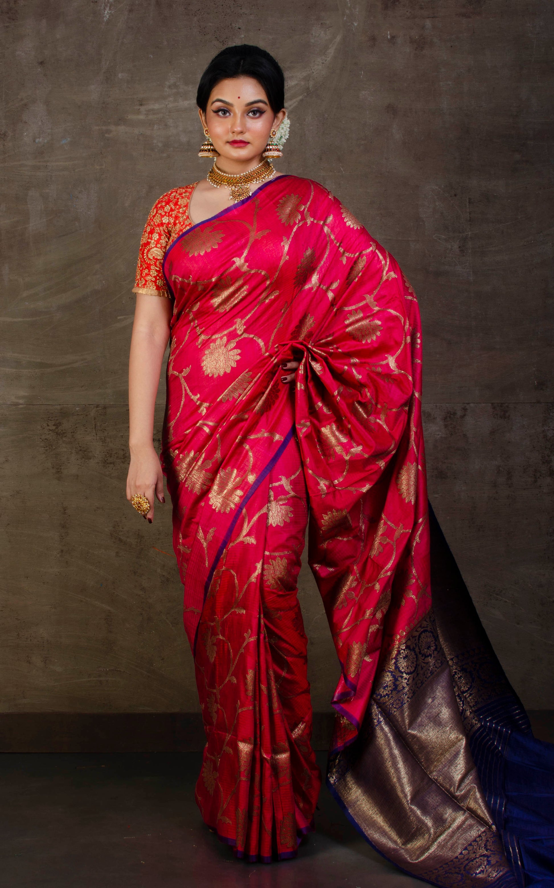 Premium Quality Tussar Silk Brocade Jamdani Saree in Deep Ruby Pink, Antique Gold and Navy Blue