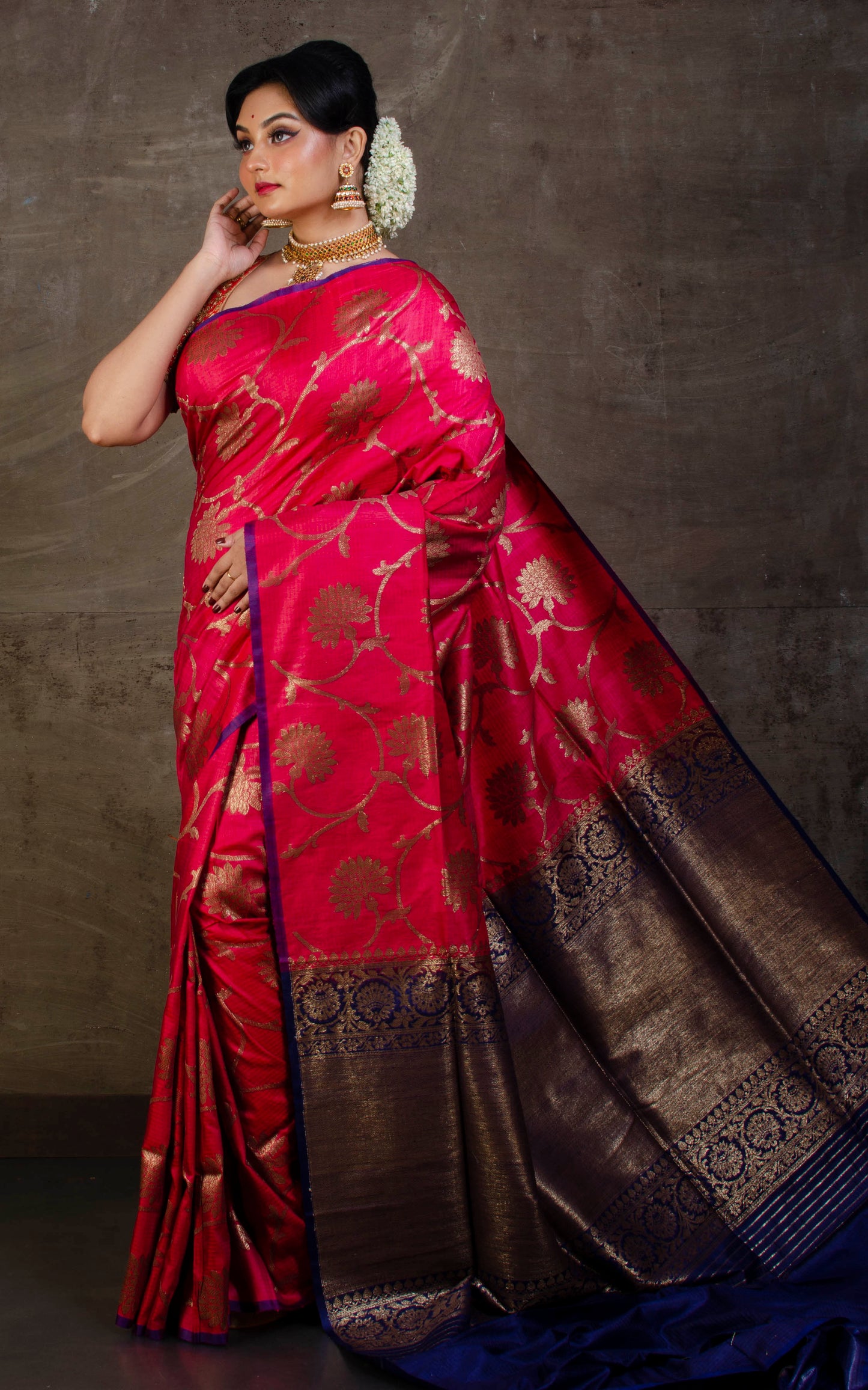 Premium Quality Tussar Silk Brocade Jamdani Saree in Deep Ruby Pink, Antique Gold and Navy Blue