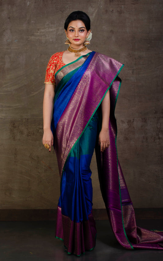 Designer Tussar Banarasi Peacock Blue, Green and Purple