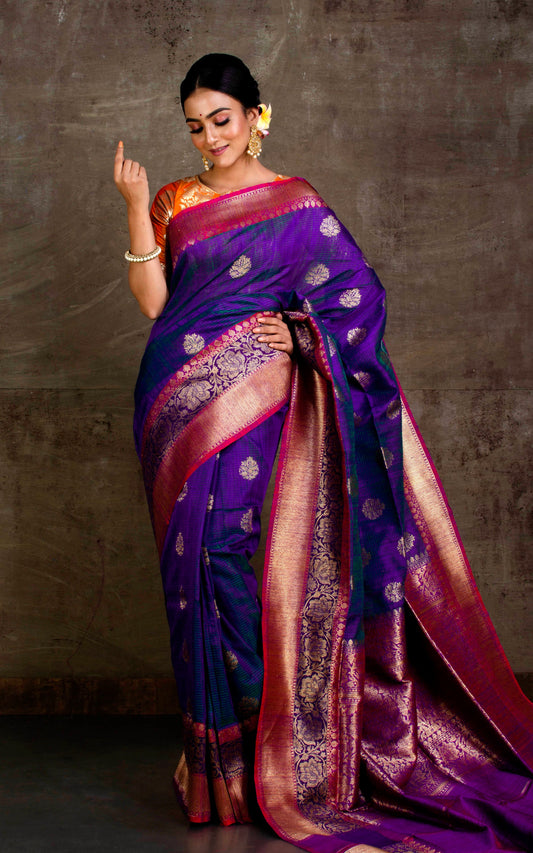 Meenakari Border Dupion Tussar Banarasi Saree in Indigo Blue and Magenta