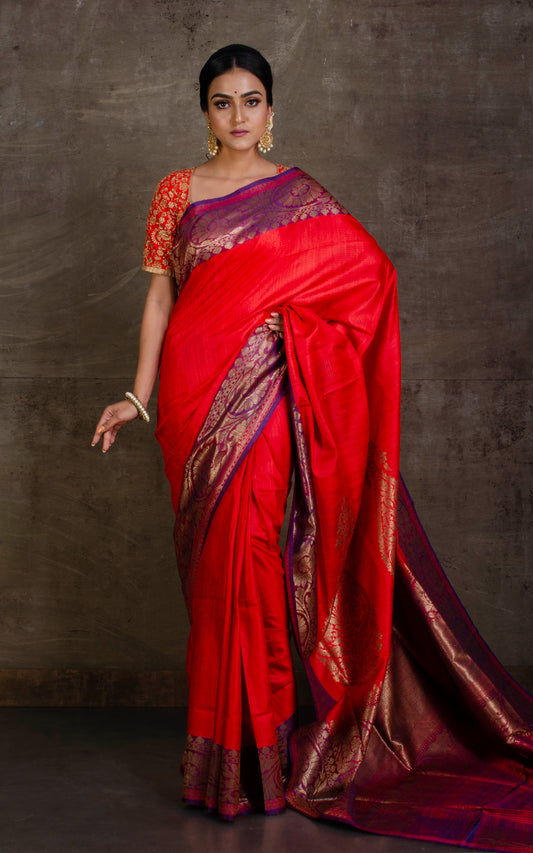 Designer Tussar Banarasi in Bright Red, Purplish Blue and Antique Gold