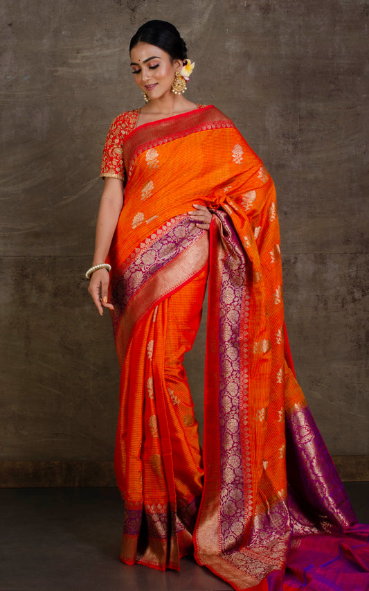 Meenakari Border Dupion Tussar Banarasi Saree in Fire Orange, Purple and Red