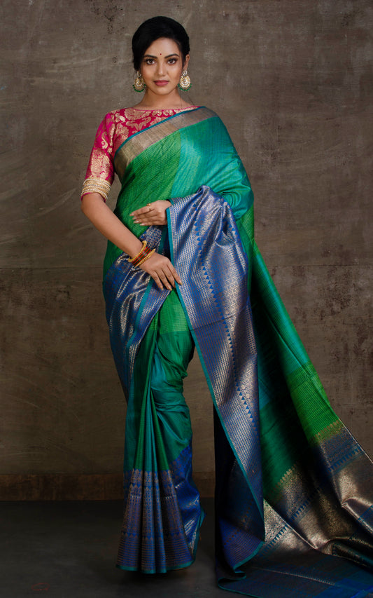 Designer Tussar Banarasi Forest Green, Castleton Green, Royal Blue and Antique Gold