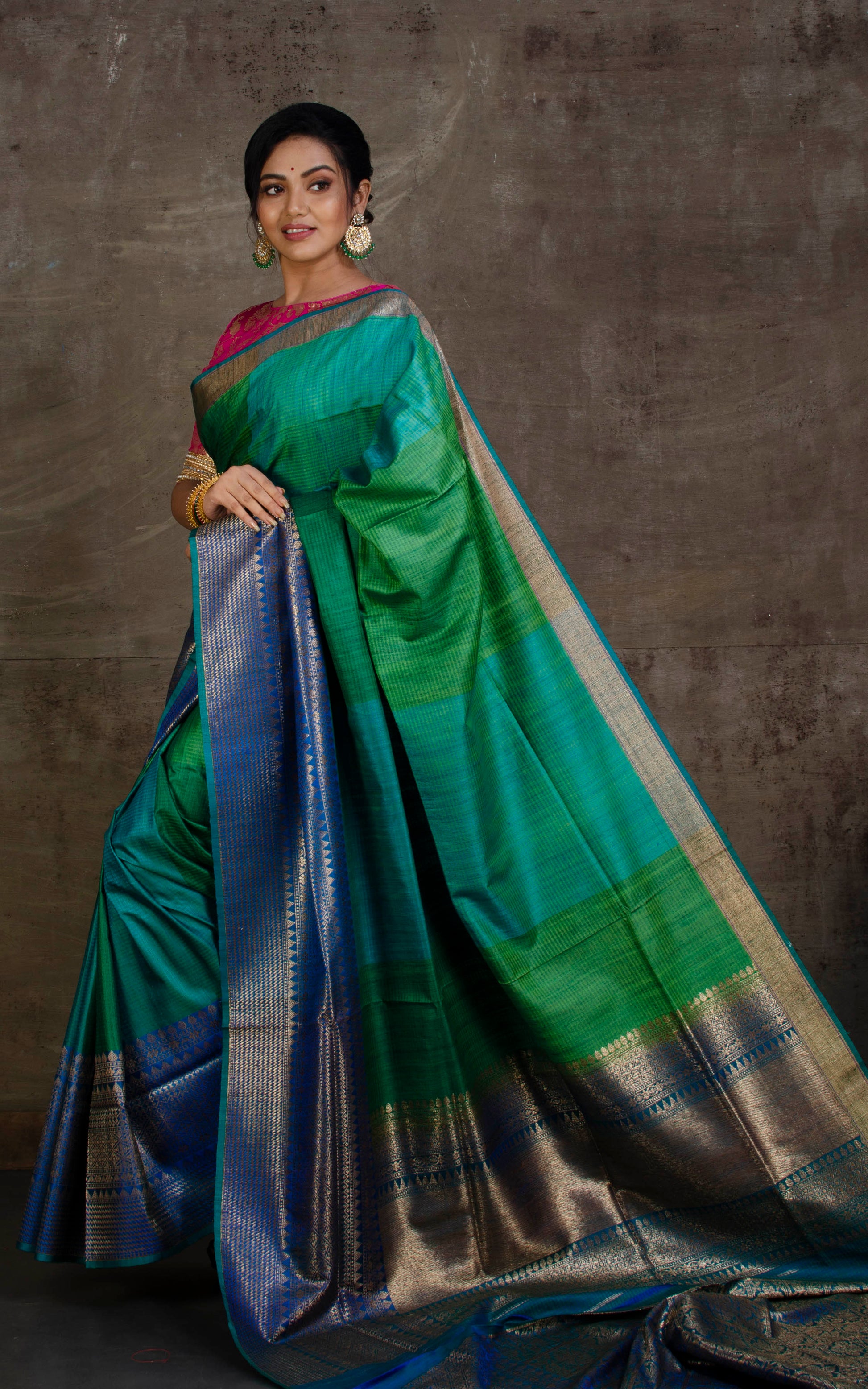 Designer Tussar Banarasi Forest Green, Castleton Green, Royal Blue and Antique Gold