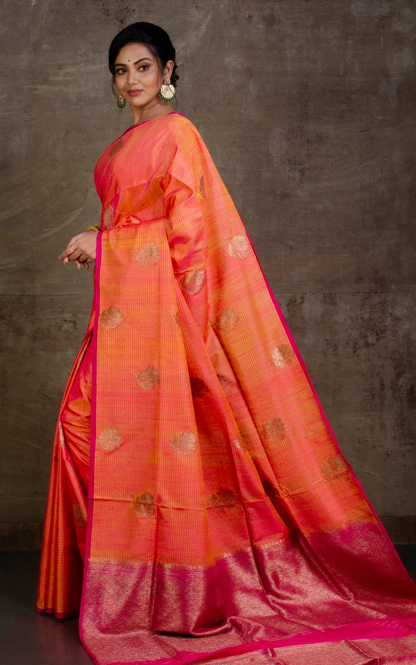 Tussar Banarasi Designer Poth Saree in Peach, Hot Pink and Antique Gold