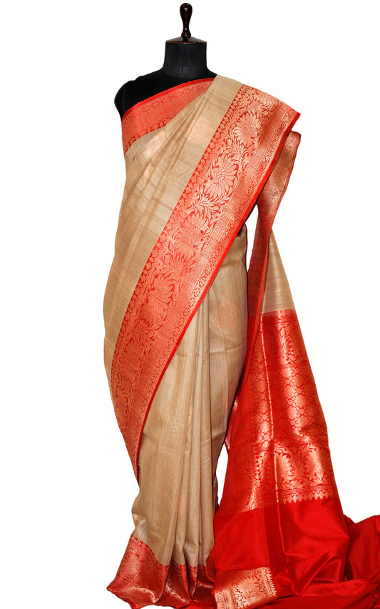 Premium Tussar Banarasi Silk Saree in Natural Tussar and Royal Red