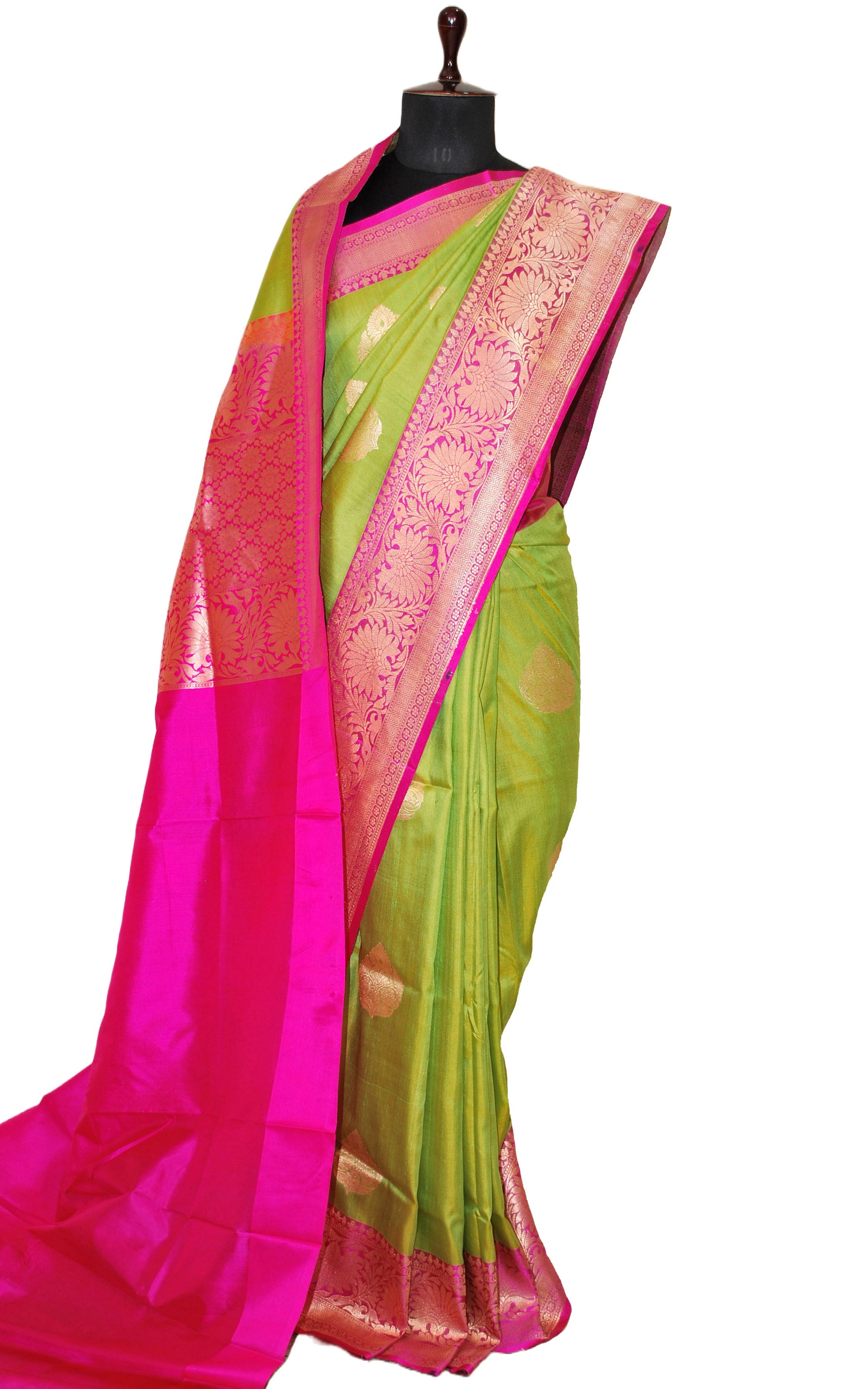 Premium Tussar Banarasi Silk Saree in Vibrant Green and Hot Pink