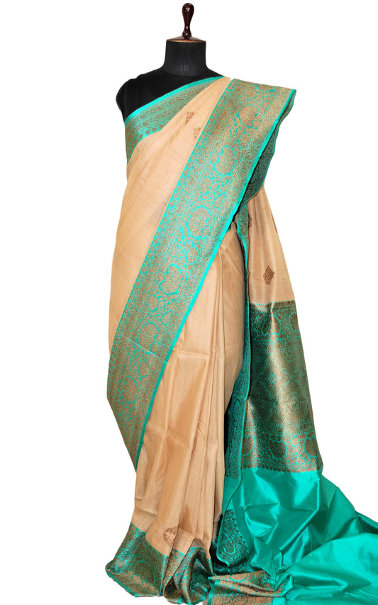 Premium Tussar Banarasi Silk Saree in Beige and Bright Turquoise