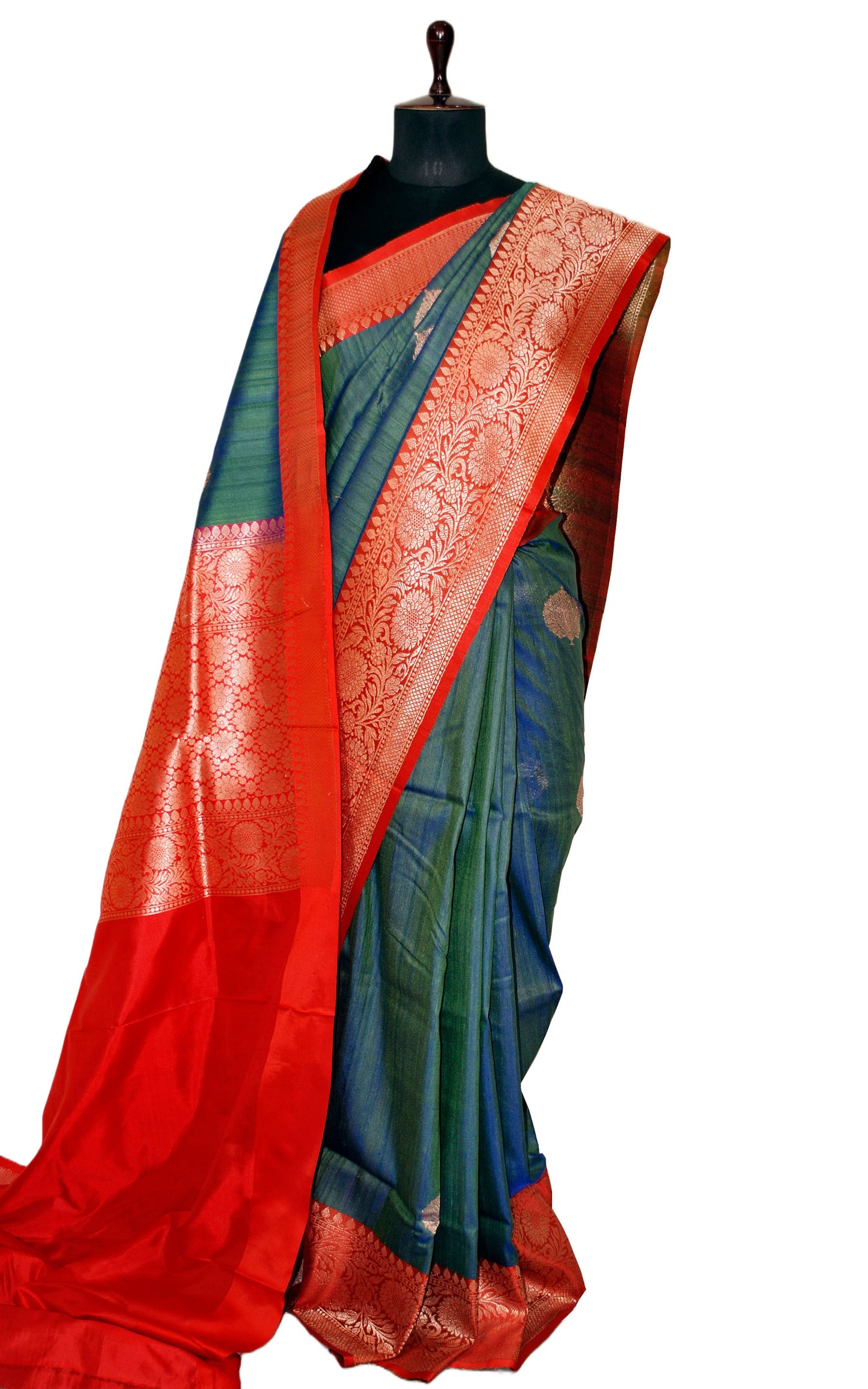 Premium Tussar Banarasi Silk Saree in Cross Color Tone of Myrtle Green and Blue with Red Border