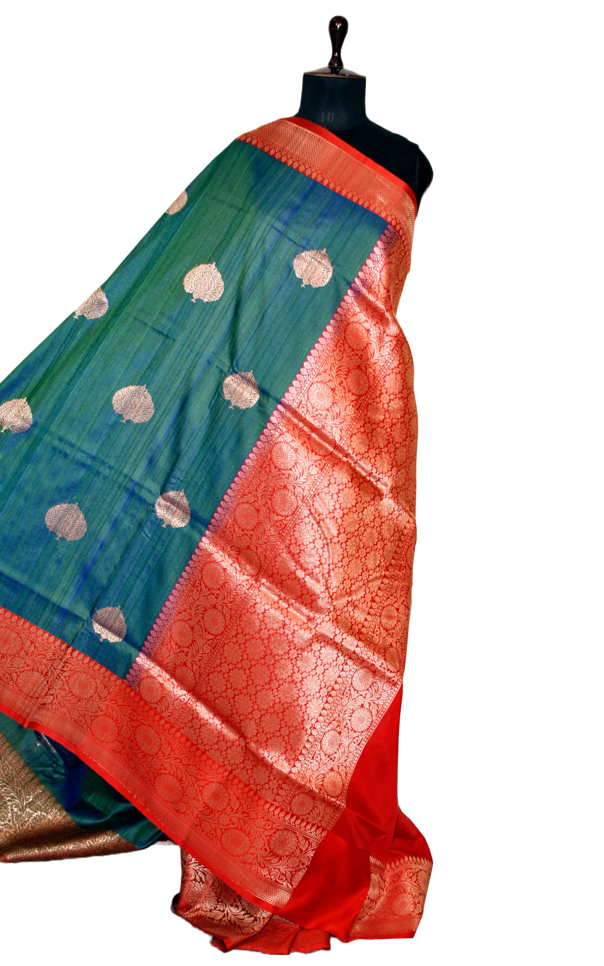 Premium Tussar Banarasi Silk Saree in Cross Color Tone of Myrtle Green and Blue with Red Border