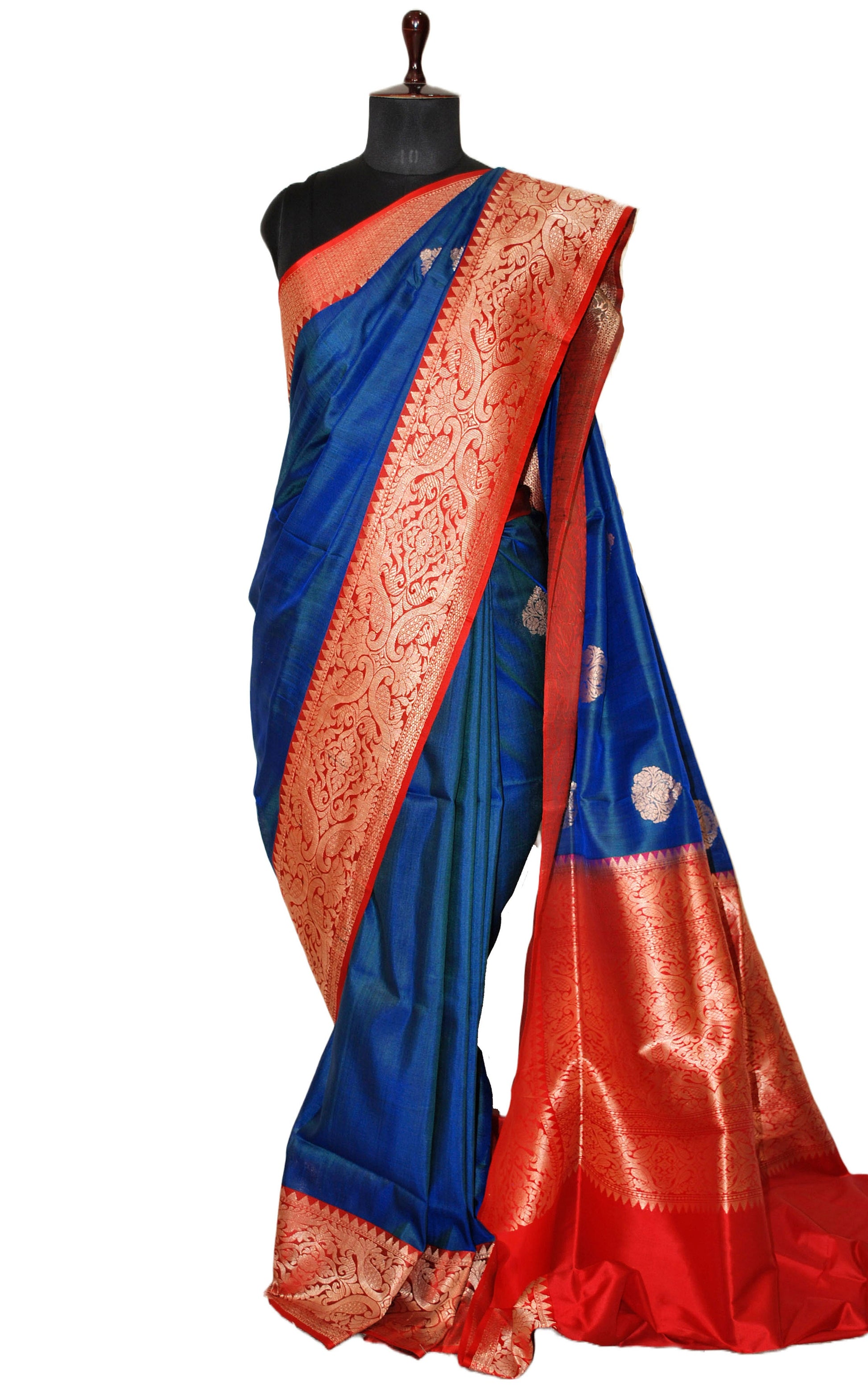 Premium Tussar Banarasi Silk Saree in Royal Blue and Red