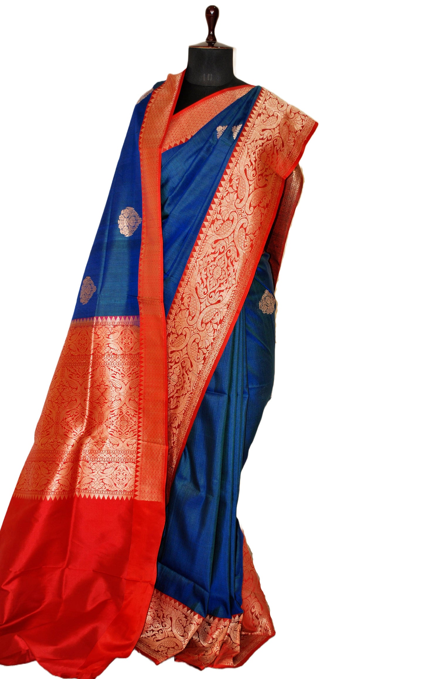 Premium Tussar Banarasi Silk Saree in Royal Blue and Red