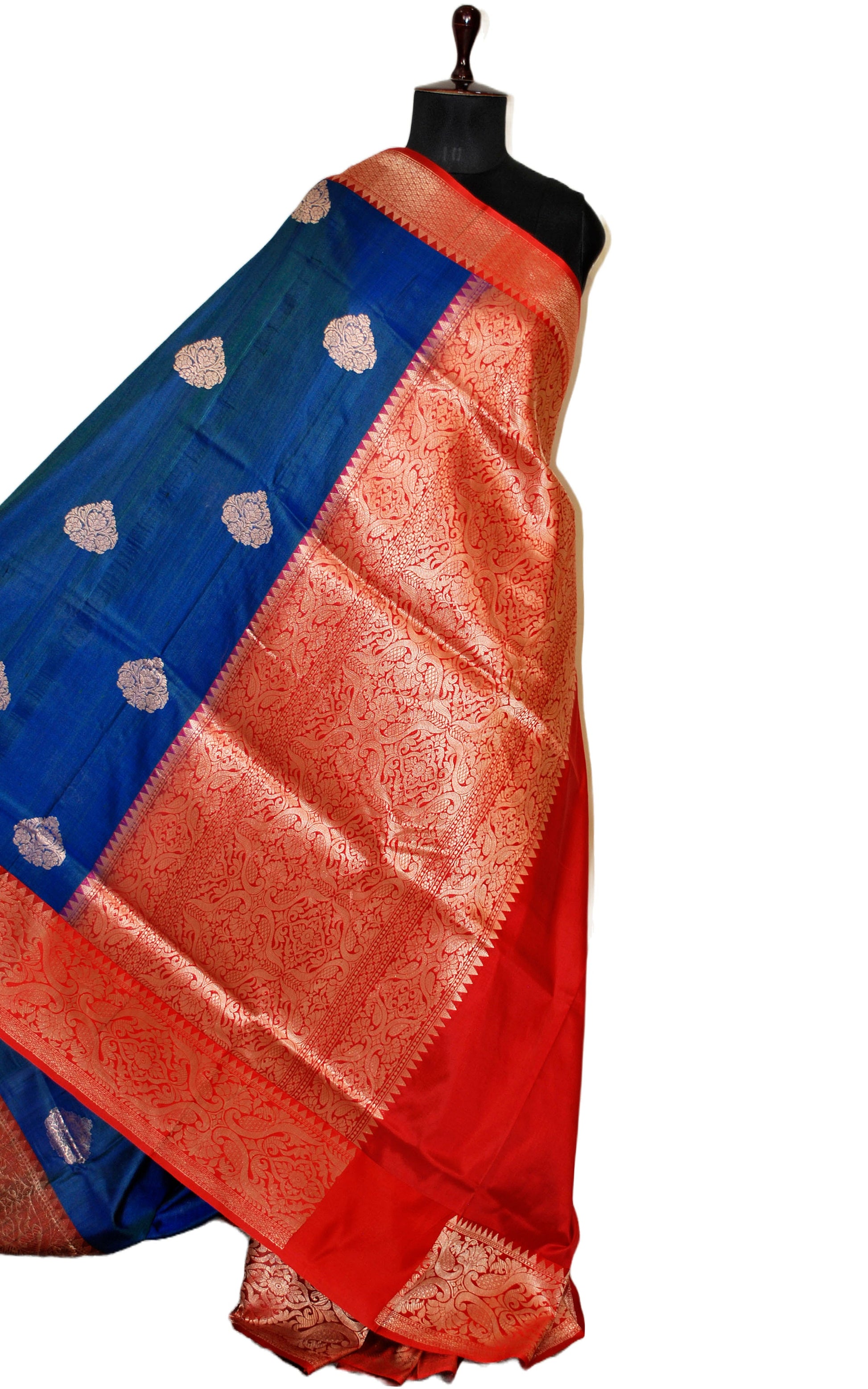 Premium Tussar Banarasi Silk Saree in Royal Blue and Red