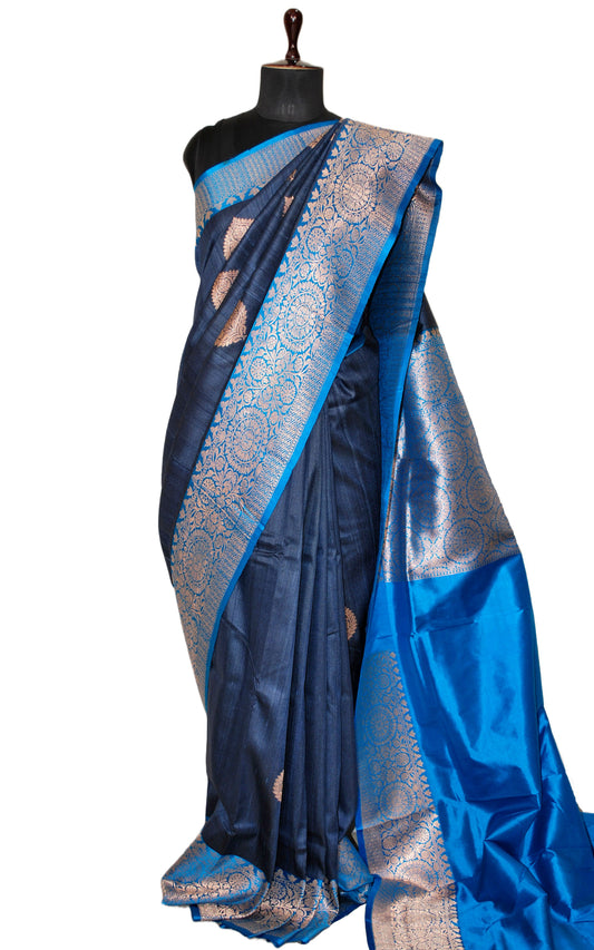 Premium Tussar Banarasi Silk Saree in Prussian Blue and Sapphire Blue