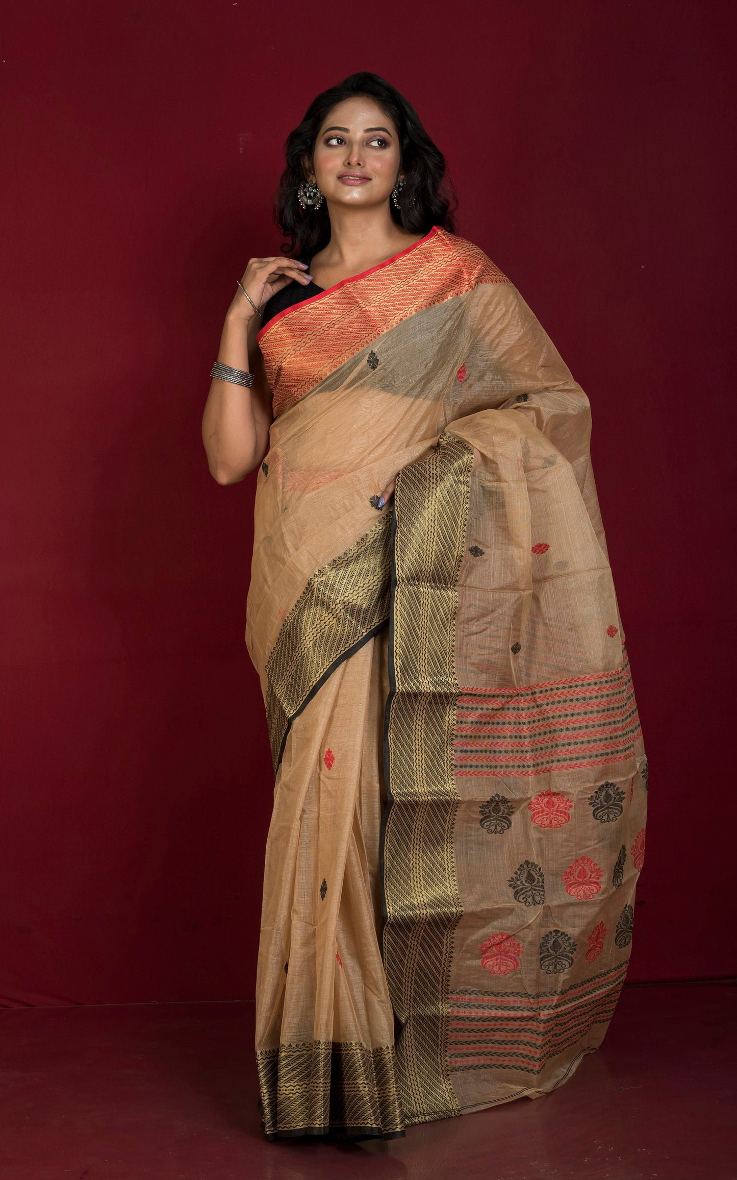 Traditional Bengal Tussar Banarasi Silk Saree in Warm Beige, Black and Red