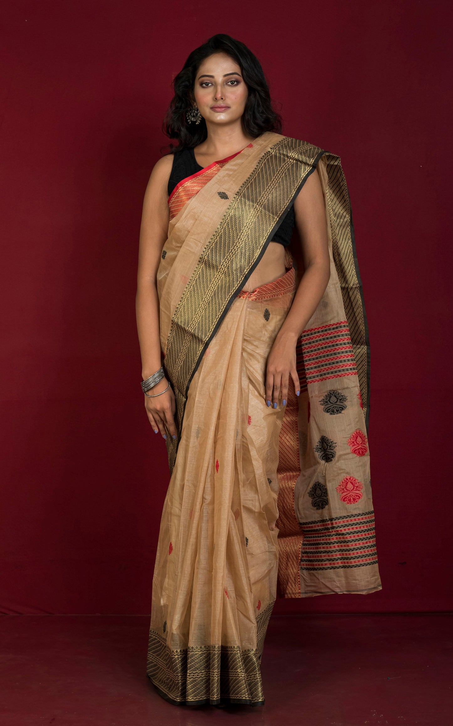 Traditional Bengal Tussar Banarasi Silk Saree in Warm Beige, Black and Red