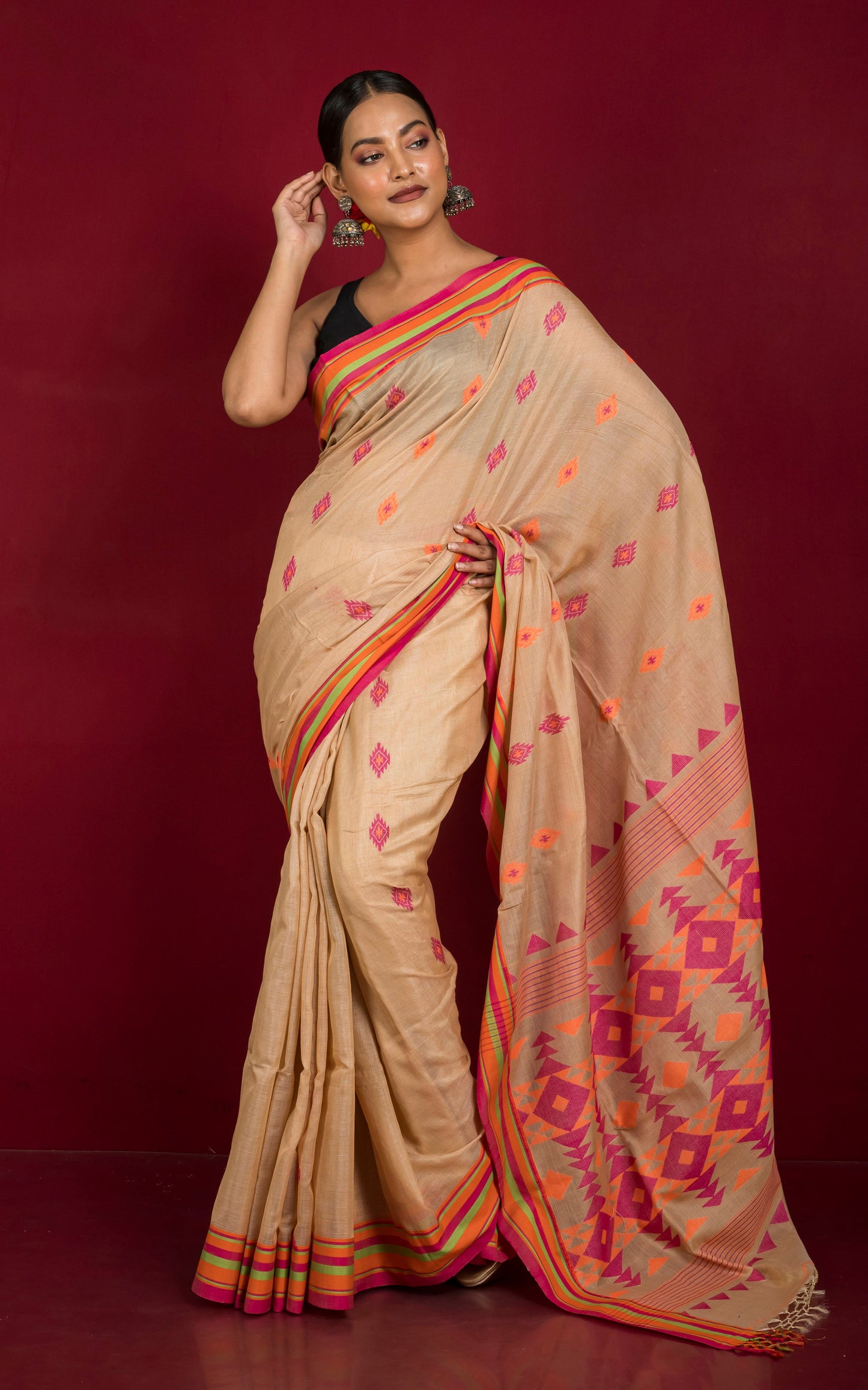 Tussar Sico Kalakshetra Saree in Parmesan, Hot Pink and Multicolored