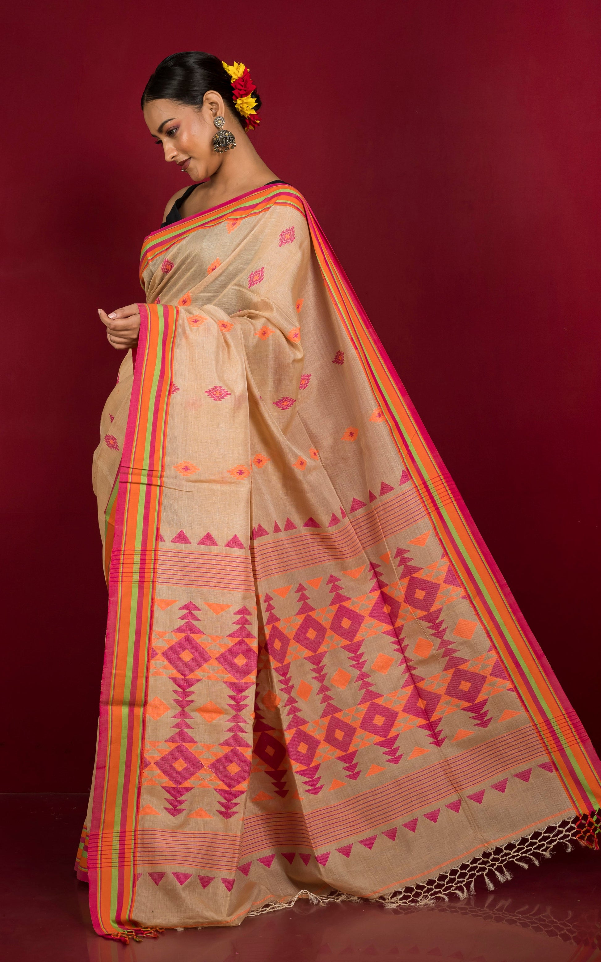 Tussar Sico Kalakshetra Saree in Parmesan, Hot Pink and Multicolored