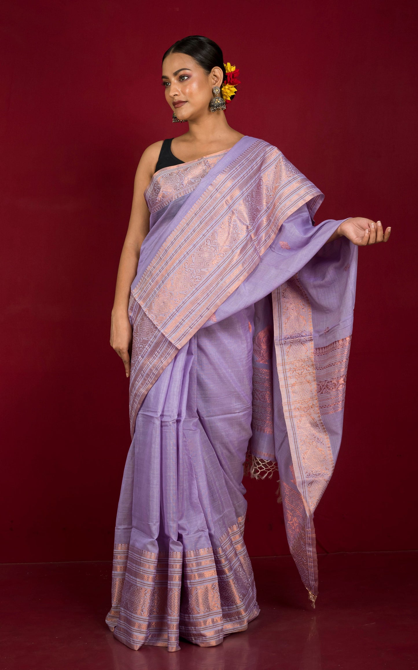 Handwoven Tussar Cotton Silk Banarasi Katan Saree in Lavender and Copper