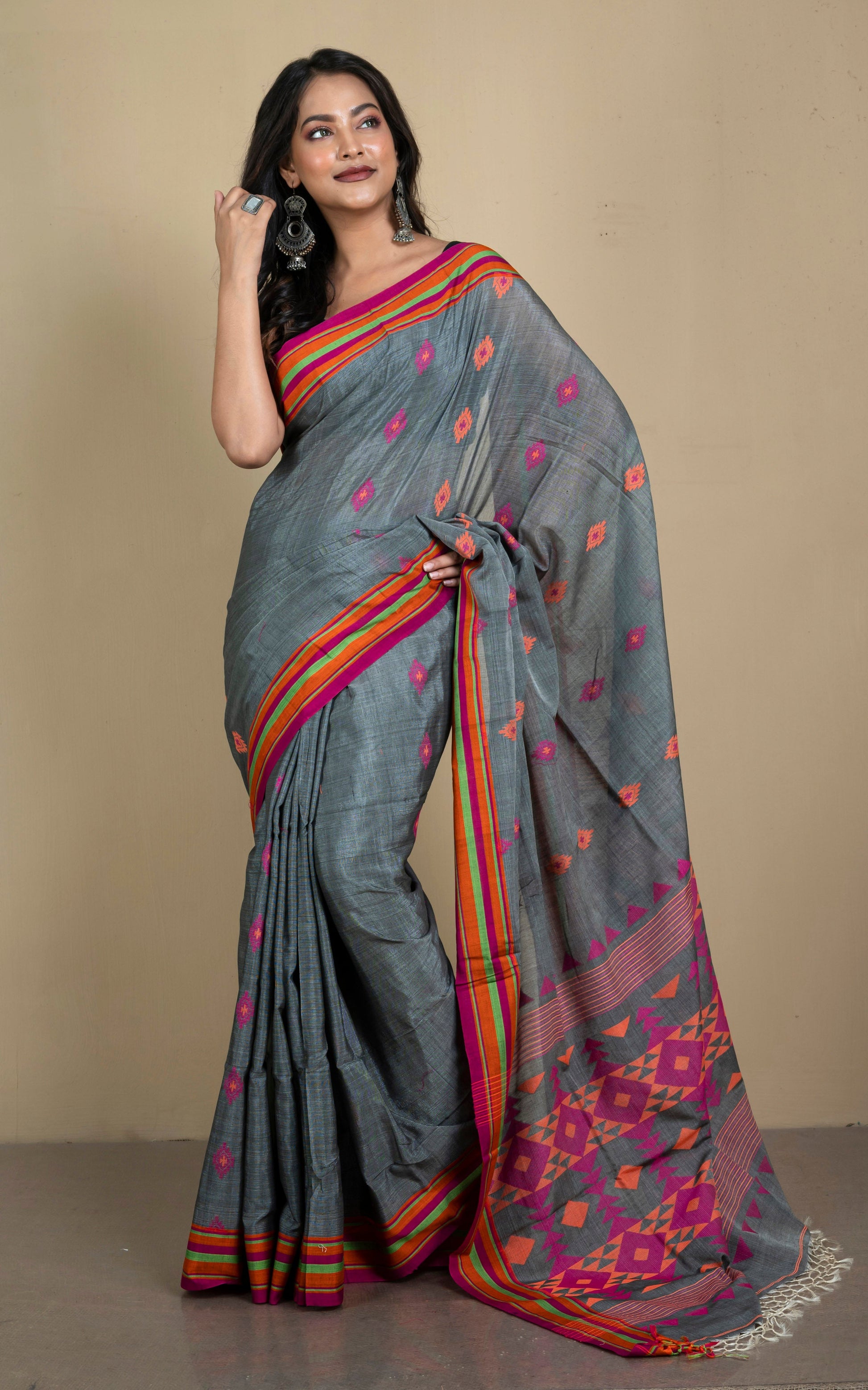 Tussar Sico Kalakshetra Saree in Steel Grey, Hot Pink and Multicolored