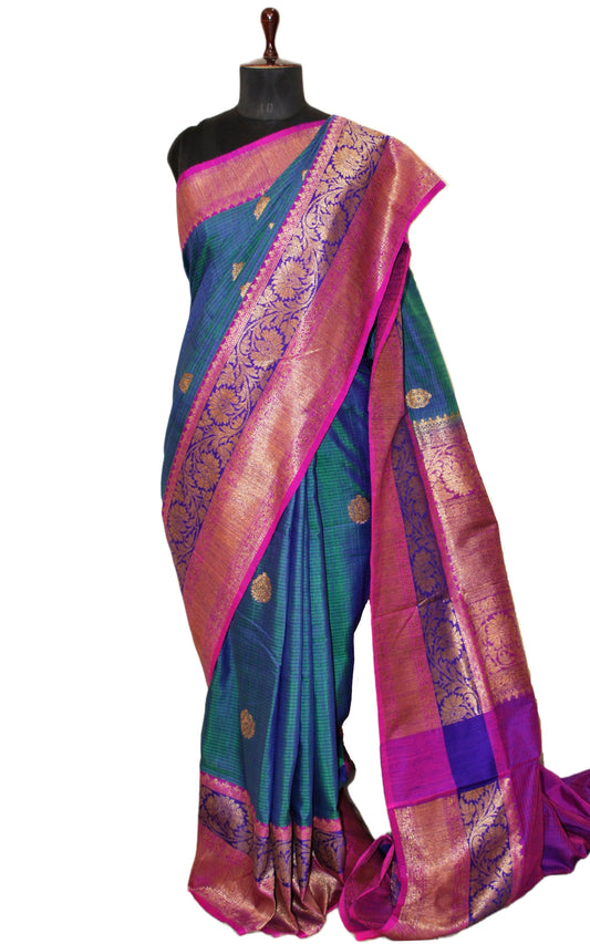 Meenakari Border Dupion Tussar Banarasi Saree in Peacock Blue, Green and Purple