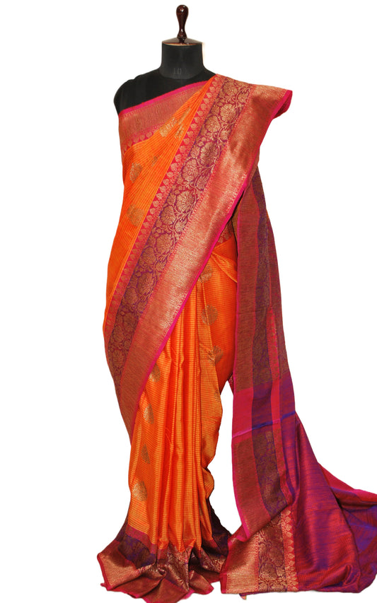 Meenakari Border Dupion Tussar Banarasi Saree in Orange, Hot Pink and Purple