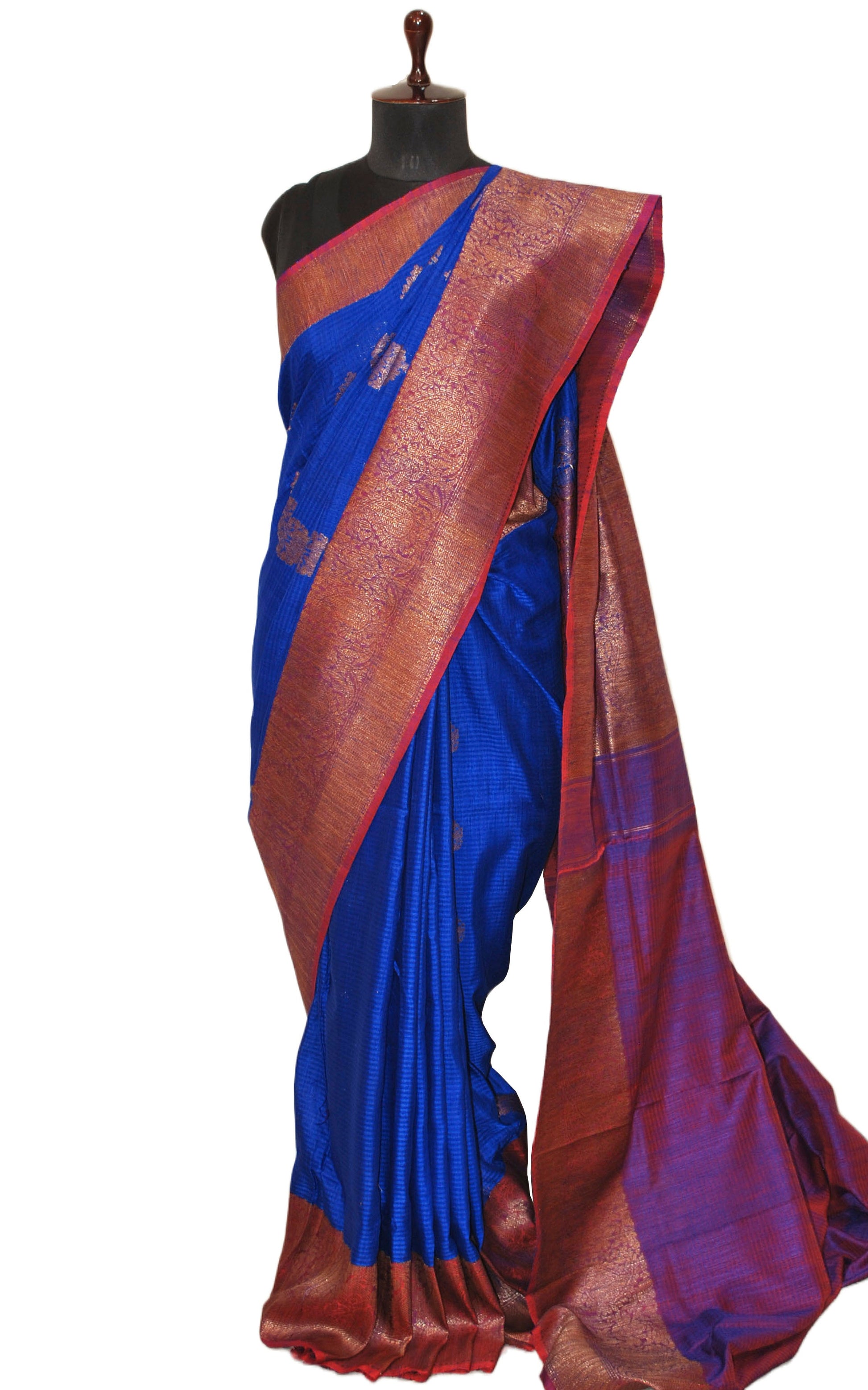 Minakari Border Dupion Tussar Banarasi Saree in Royal Blue, Ferric Red and Antique Gold