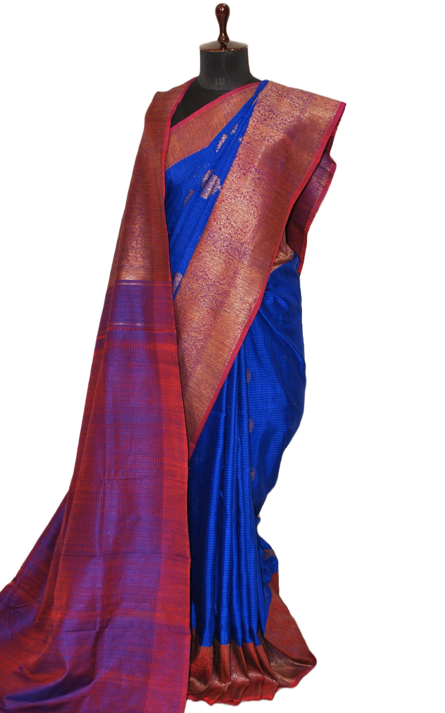 Minakari Border Dupion Tussar Banarasi Saree in Royal Blue, Ferric Red and Antique Gold