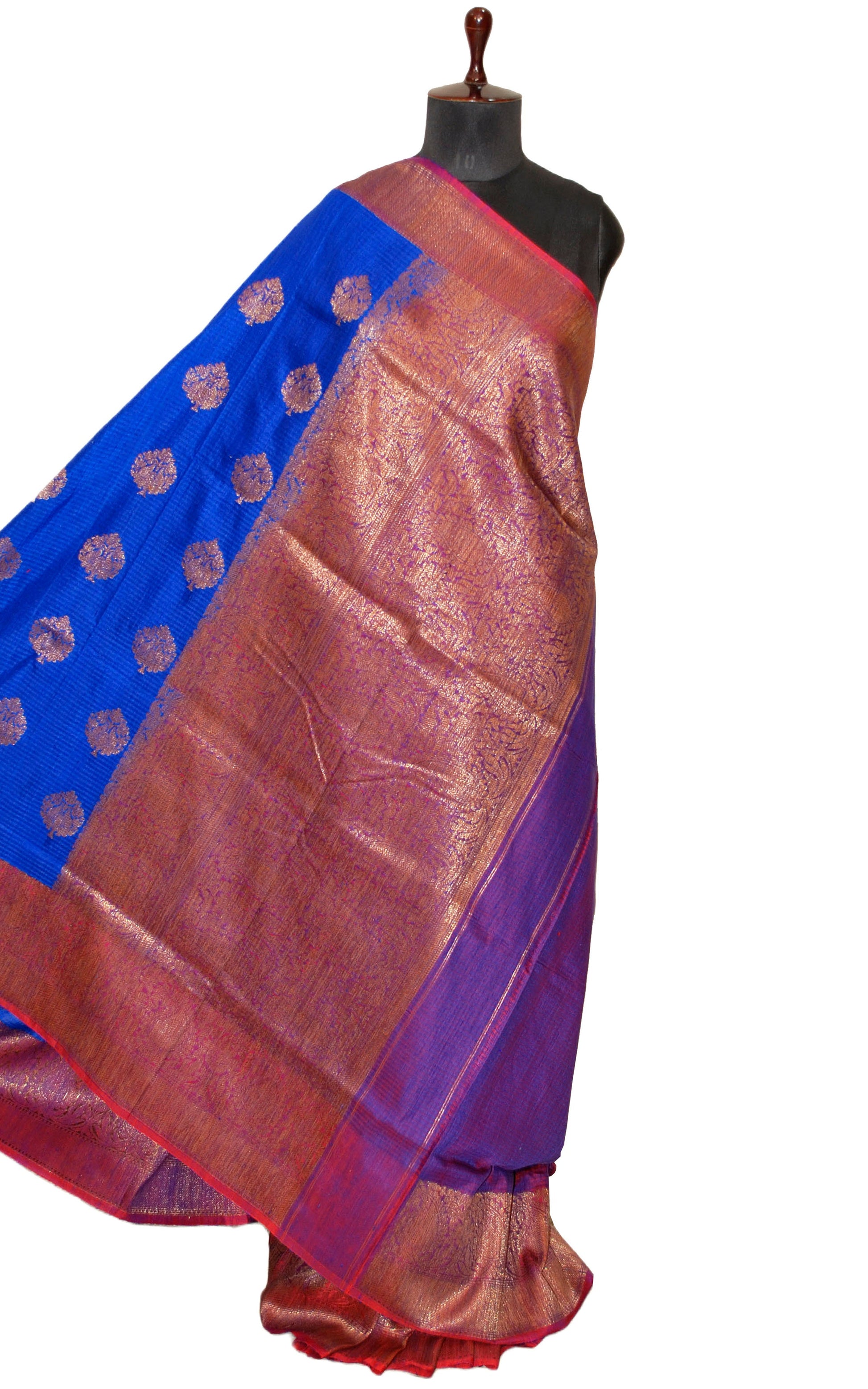 Minakari Border Dupion Tussar Banarasi Saree in Royal Blue, Ferric Red and Antique Gold