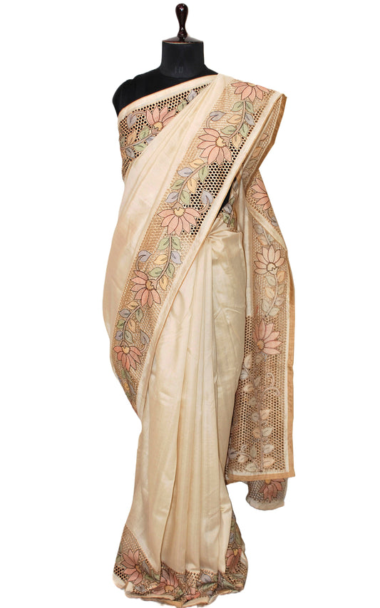 Embroidery and Cut Work on Semi Tussar Silk Saree in Beige and Multicolored