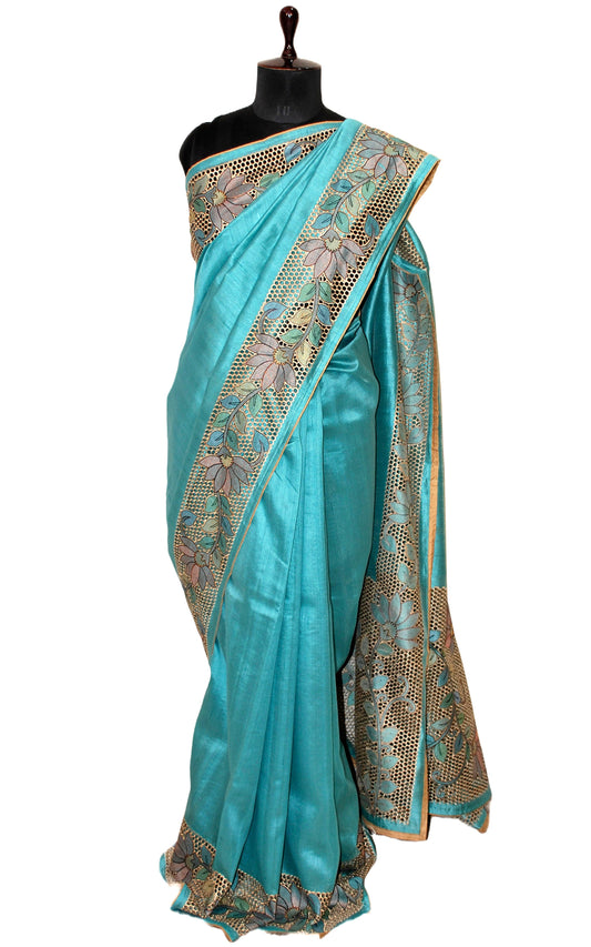 Embroidery and Cut Work on Semi Tussar Silk Saree in Teal Green and Multicolored