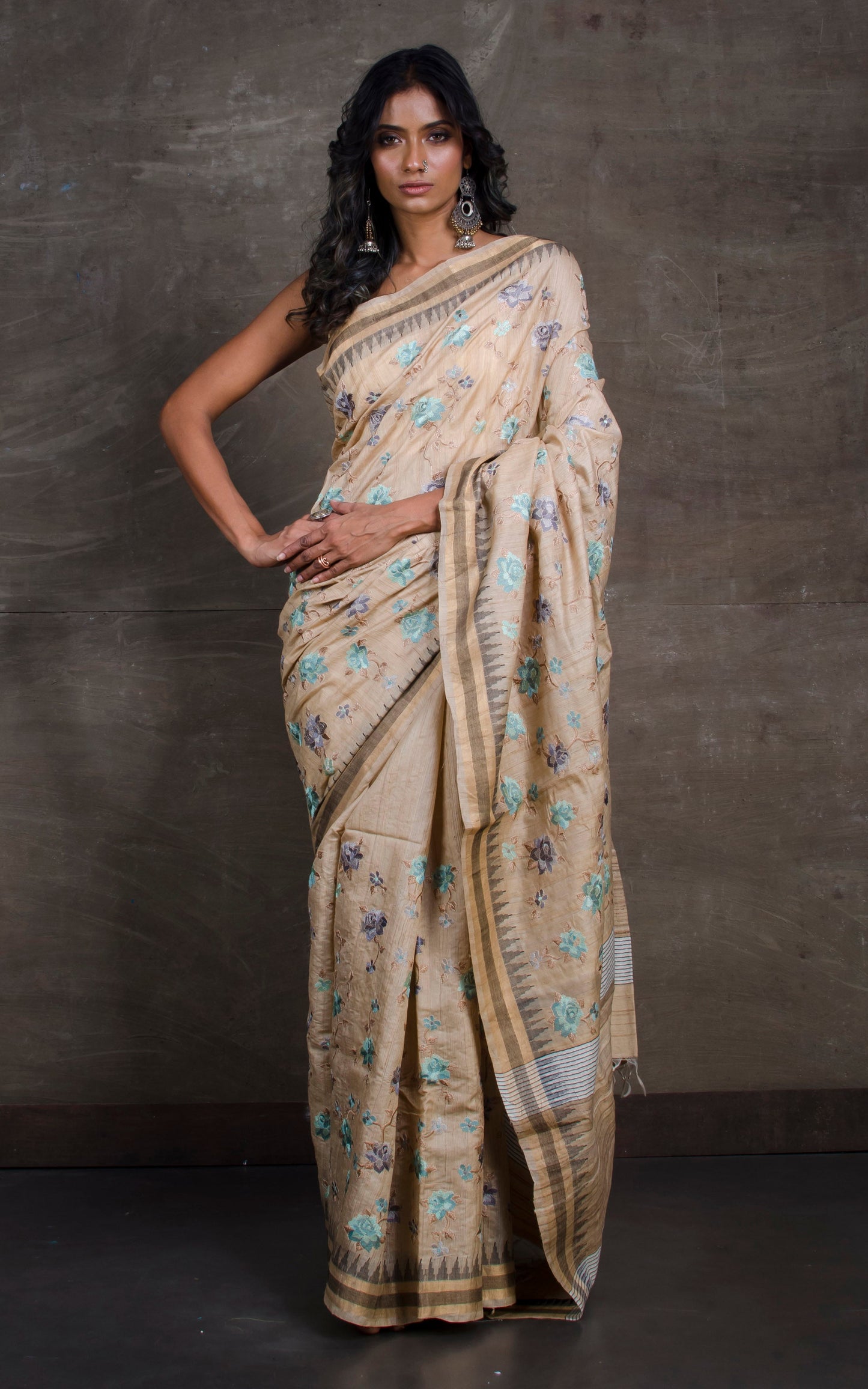 Exclusive Tussar Silk Embroidery Saree in Beige and Multicolored Thread Work