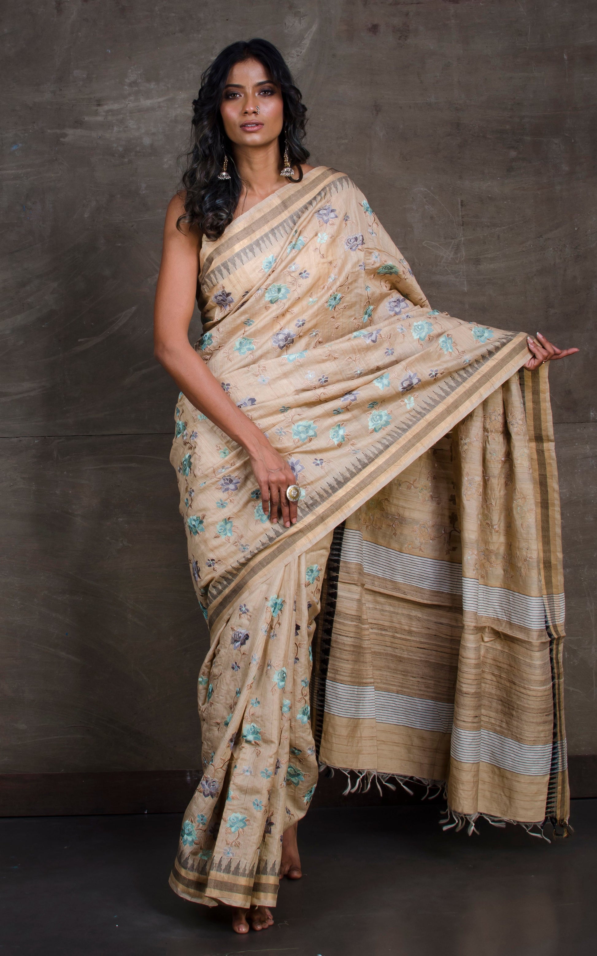 Exclusive Tussar Silk Embroidery Saree in Beige and Multicolored Thread Work