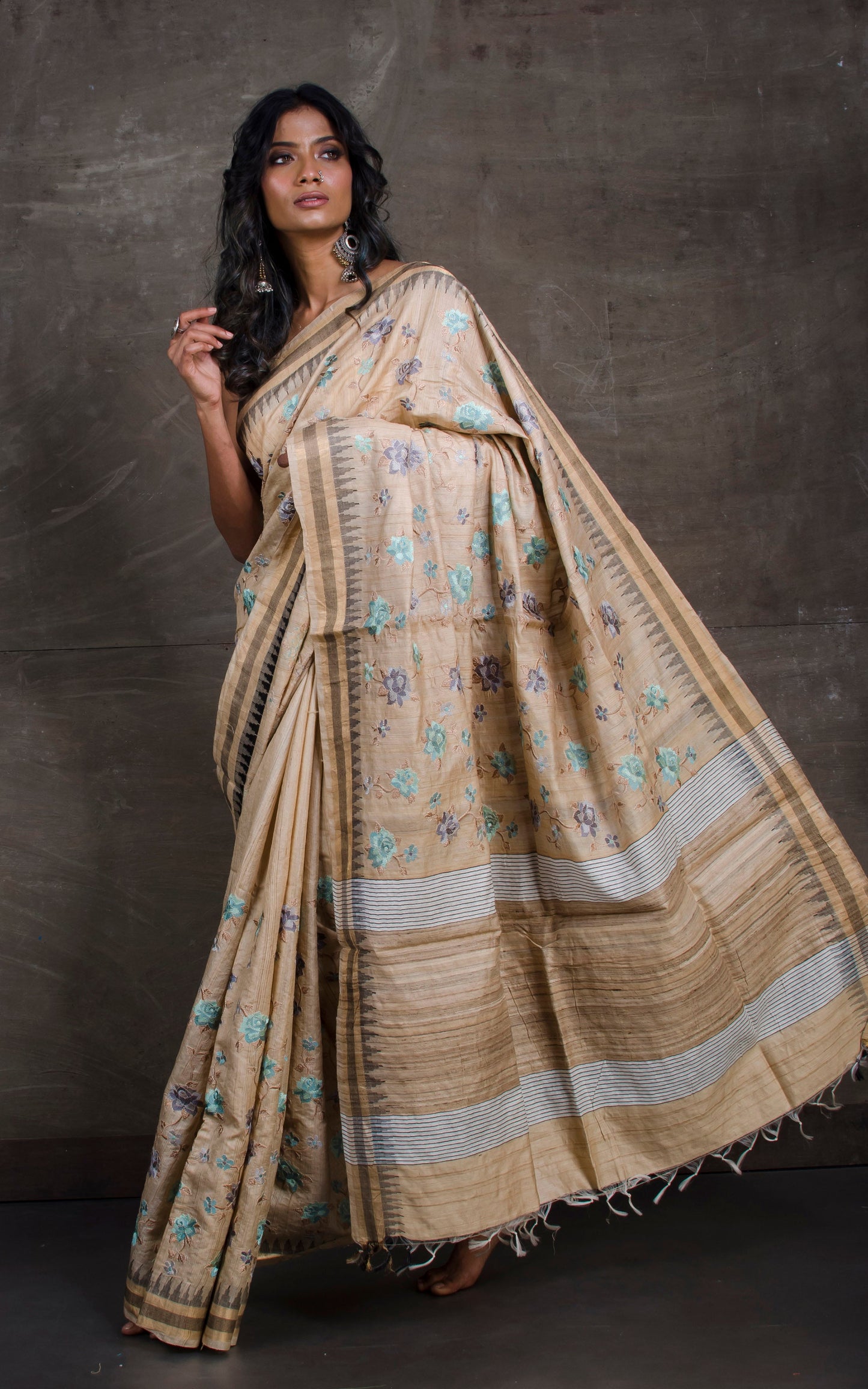 Exclusive Tussar Silk Embroidery Saree in Beige and Multicolored Thread Work