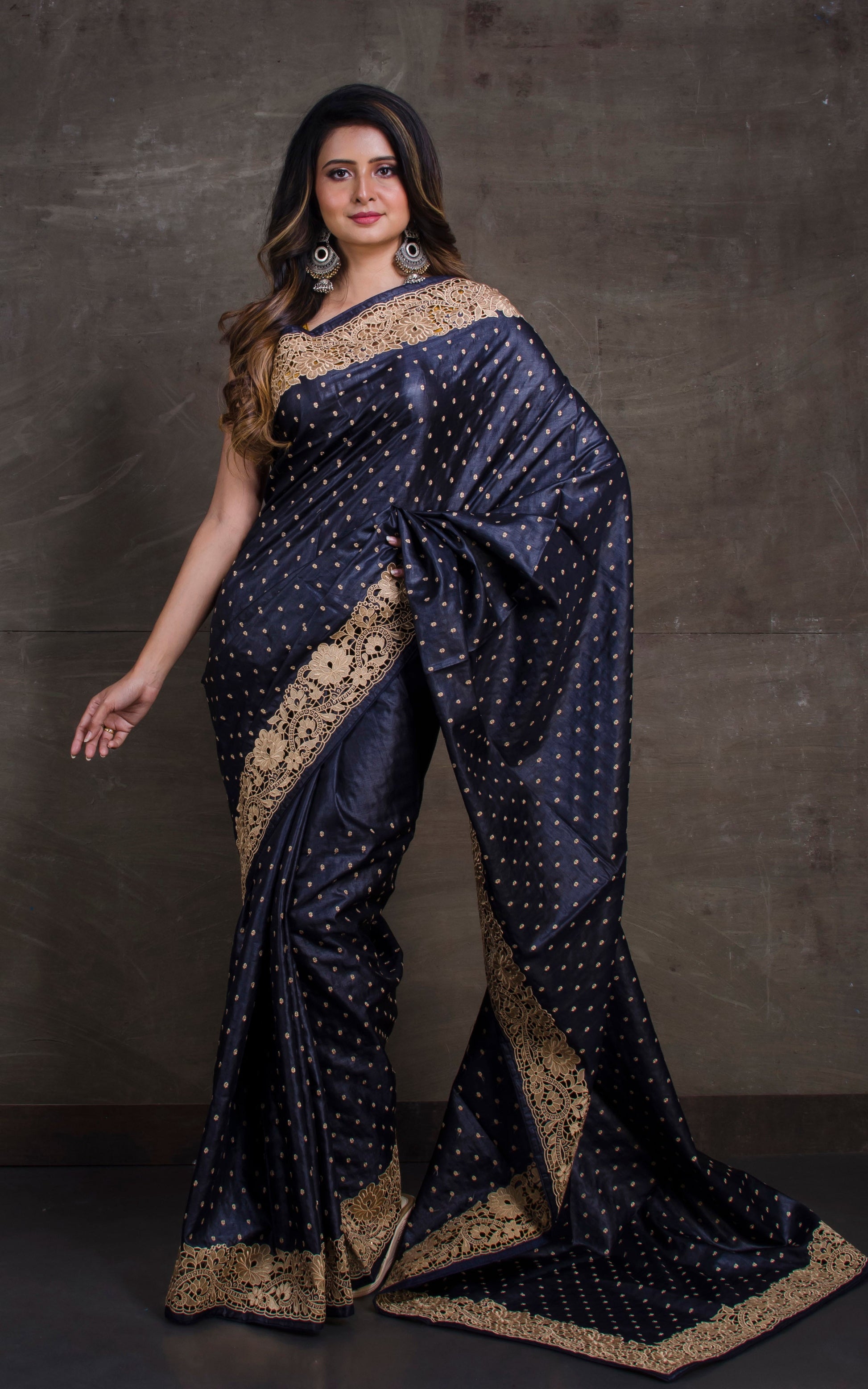 Exclusive Tussar Silk Embroidery Saree with Cut Work Border in Black and Matte Gold