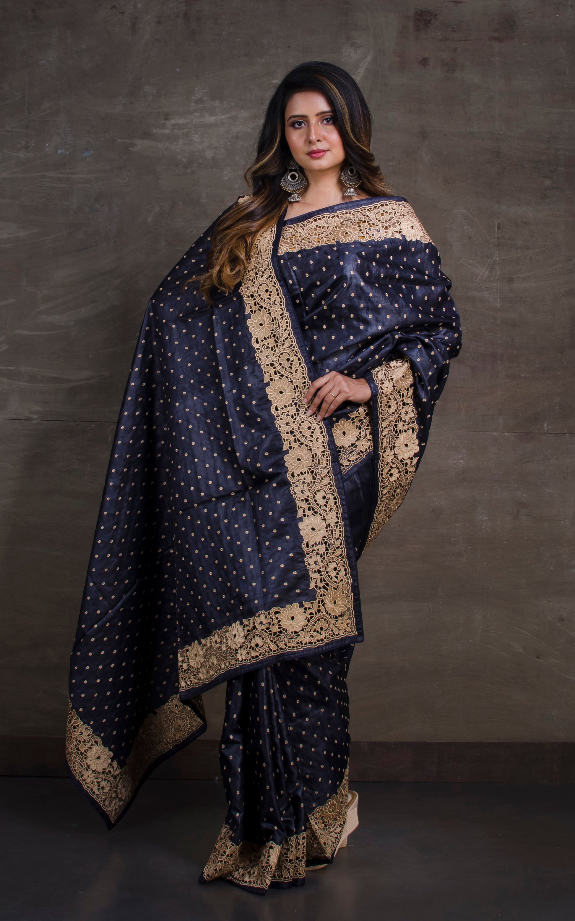 Exclusive Tussar Silk Embroidery Saree with Cut Work Border in Black and Matte Gold