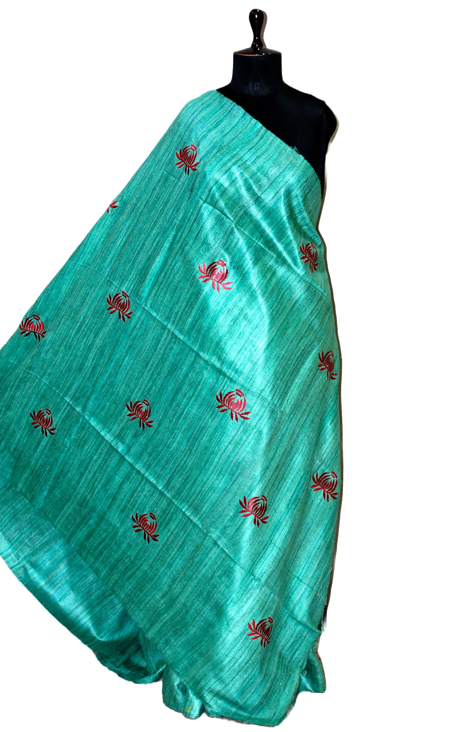 Embroidered Work Colored Gicha Tussar Silk Saree in Sea Green and Mahogany Red