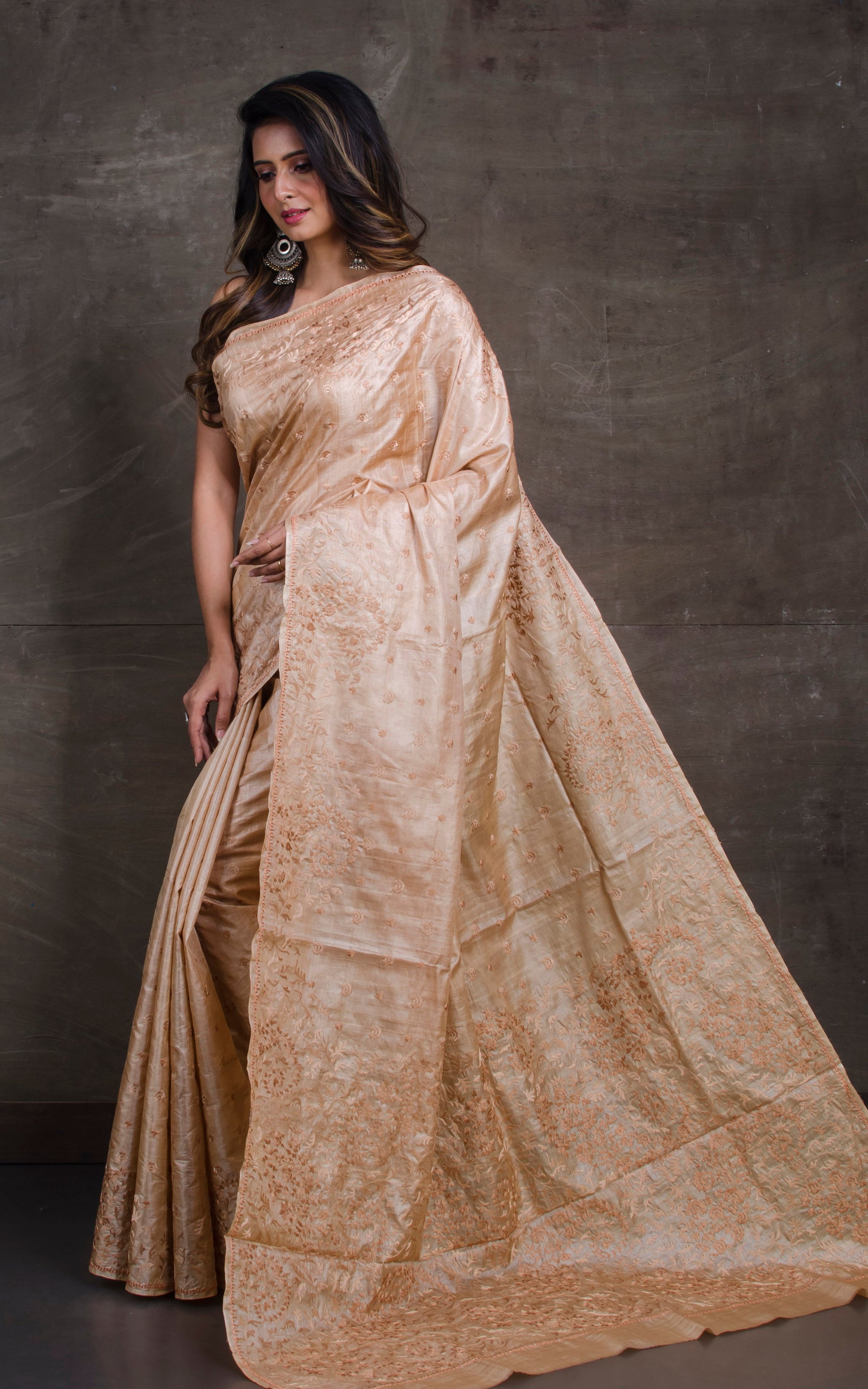 Exclusive Tussar Silk Embroidery Saree in Matte Gold