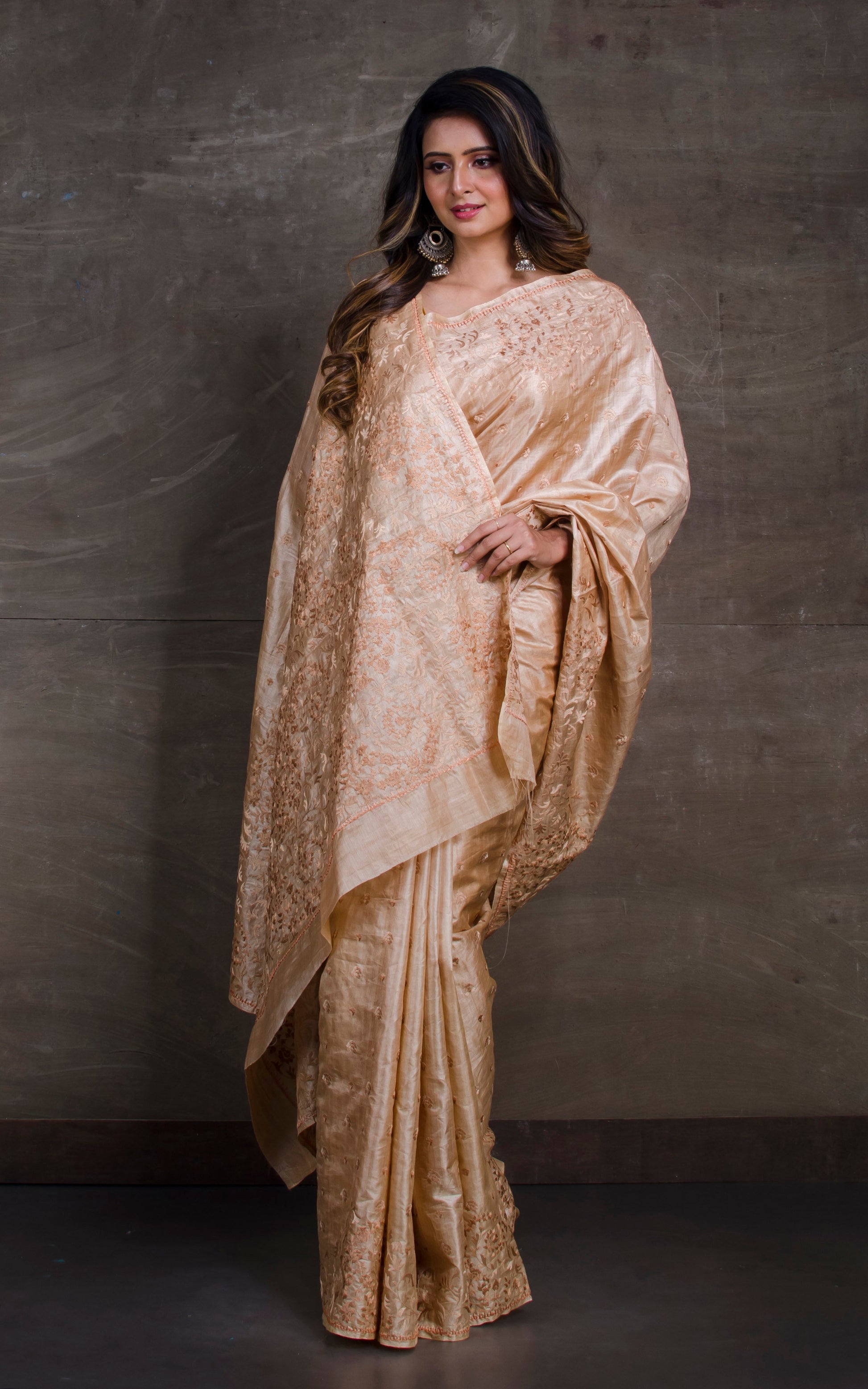 Exclusive Tussar Silk Embroidery Saree in Matte Gold